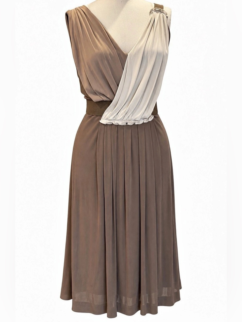 Escada Draped Pleated Midi Dress in Brown and cream Size 40 with a belt